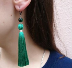 Серьги-кисточки с кошачим глазом Зеленые