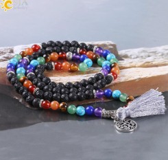 Браслет 7 чакр с лавой и подвеской дерево