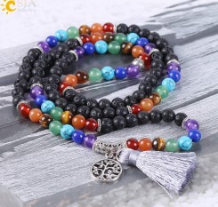 Браслет 7 чакр с лавой и подвеской дерево