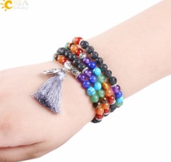 Браслет 7 чакр с лавой и подвеской дерево