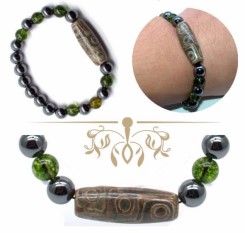 Браслет с бусиной Дзи 9 глаз, оливином и гематитом
