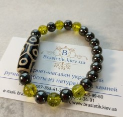 Браслет с бусиной Дзи 9 глаз, оливином и гематитом