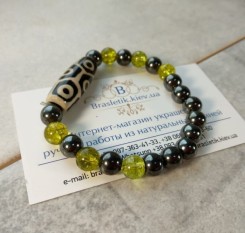 Браслет с бусиной Дзи 9 глаз, оливином и гематитом