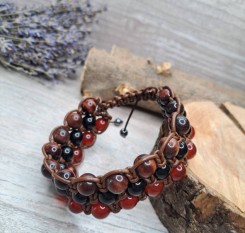 Потрійний шкіряний браслет Авторитет (сердолік, онікс, биче око)