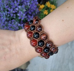 Потрійний шкіряний браслет Авторитет (сердолік, онікс, биче око)