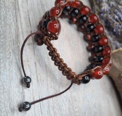 Потрійний шкіряний браслет Авторитет (сердолік, онікс, биче око)