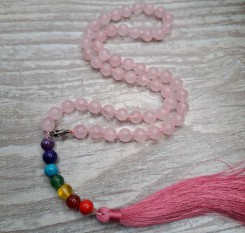 Буддійські чотки на 54 камені рожевого кварцу + камені по чакрам