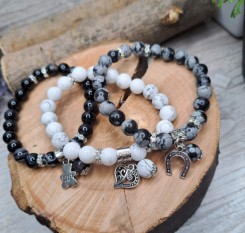 Комплект браслетів із обсидіану, агату і кахолонгу